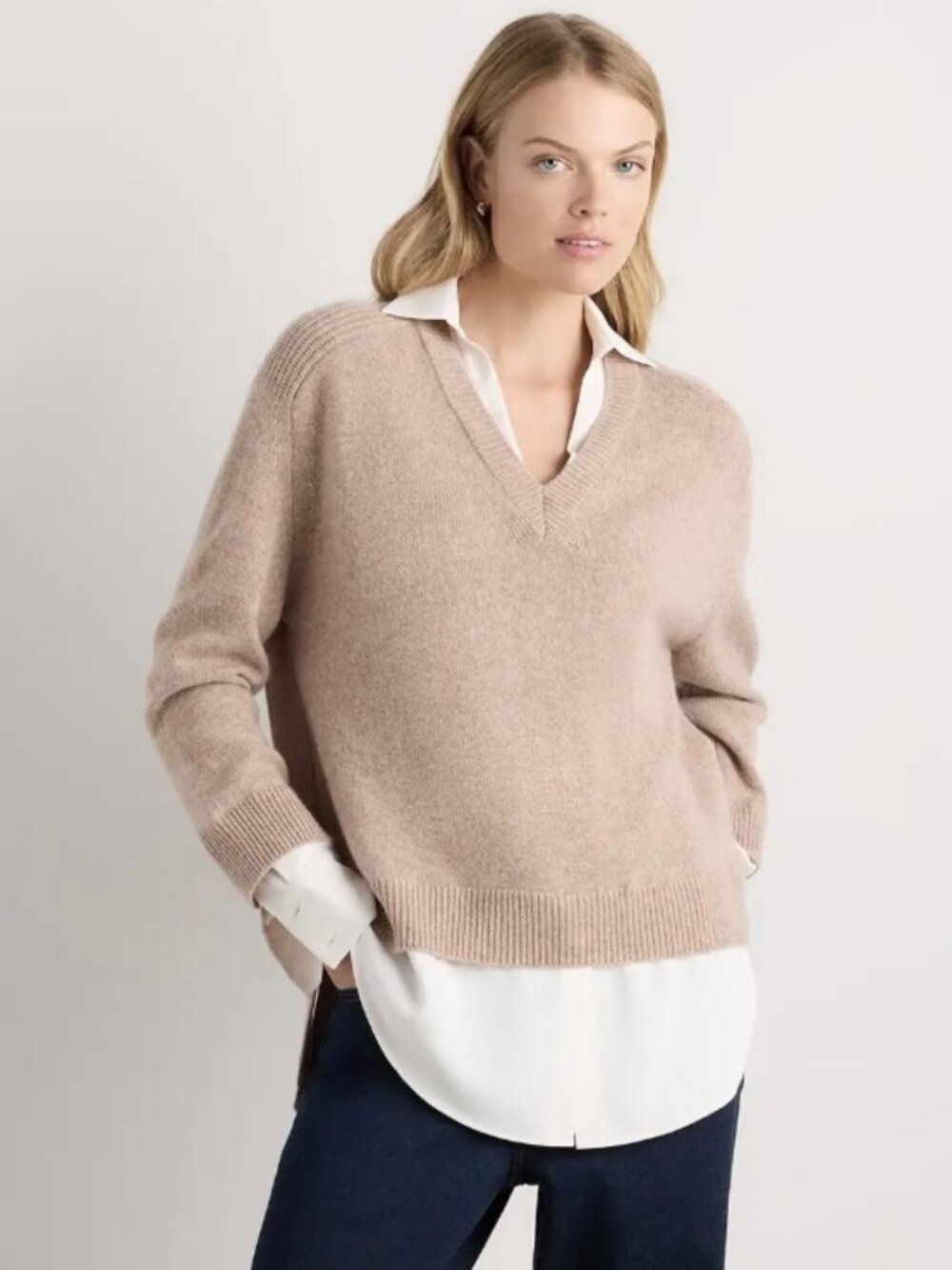 Jason Wu Cashmere V-Neck Sweater Beige Long Sleeve Relaxed Pullover Womens S NEW